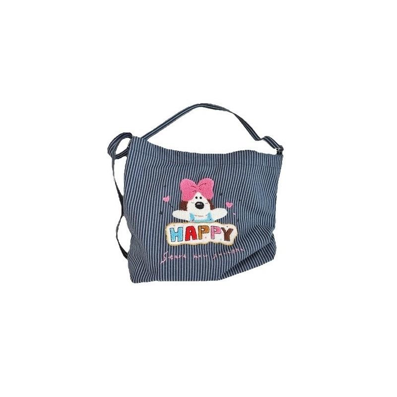 Adorable Korean Style Cartoon Dog Embroidered Striped Canvas Tote Bag For Students