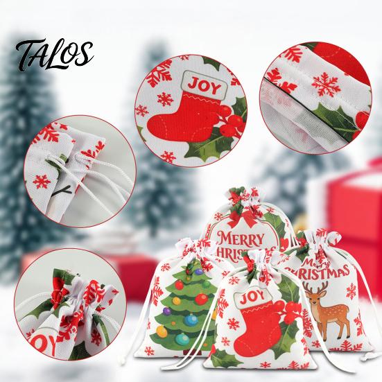 Christmas Eve Gift Wraps 2Pcs Drawstring Bags, Xmas Tree Reindeer Printed Candy Treat Family Party Holders Pouches, Reusable Fabric Holiday