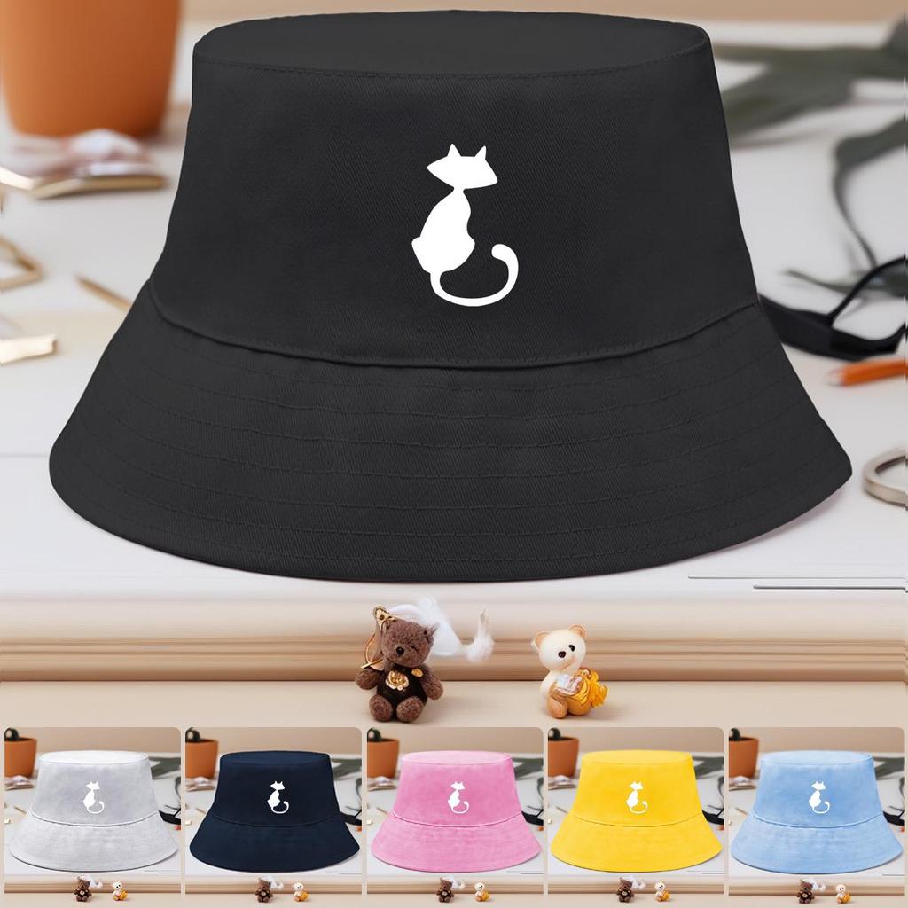 Bucket Hat With White Cat Print , Animal Fisherman Hat Spring Fashion Beach Basin Cap