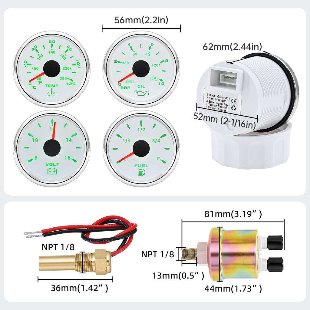 12V24V Universal 52MM 4 Gauge Kit with 2 Sensor Water Temperature + Oil Pressure + Fuel Level + Voltmeter For All Vehicle Marine