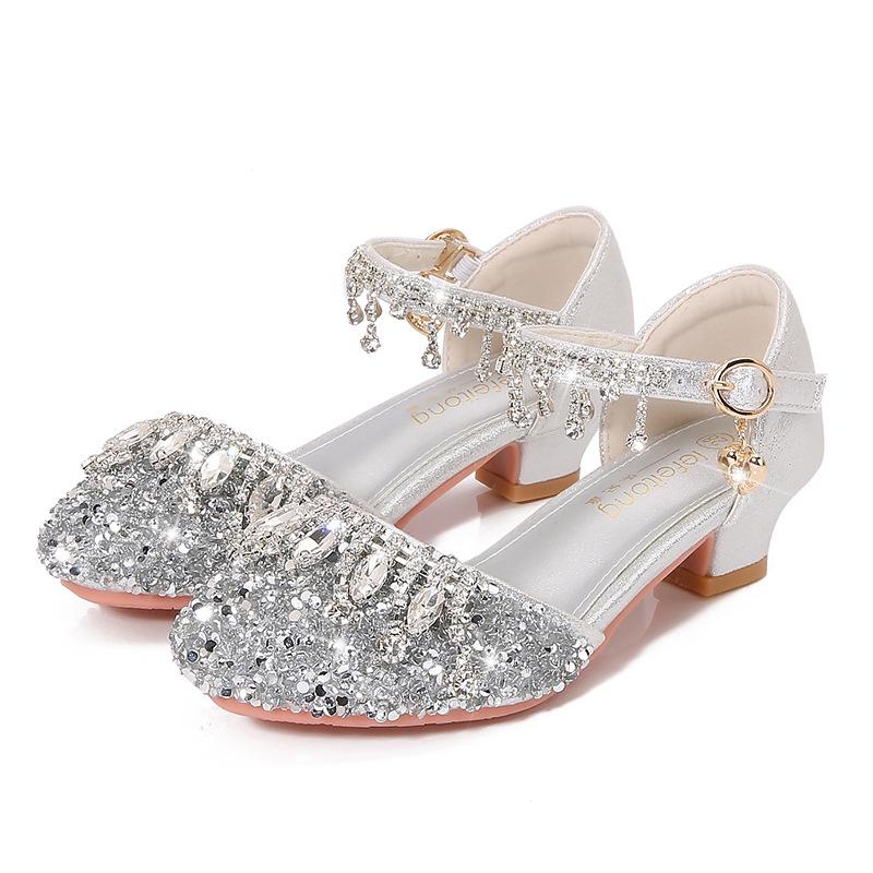 Girls' High Heels Princess Shoes Little Girl Dress Crystal Shoes Soft Sole Silver Children's Fashion Show Performance Leather Shoes