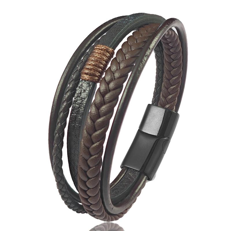 

High Quality 4 Color Men Stainless Steel Magnetic Clasp Bracelet Red Multi-layer Braided Leather Wristband Fashion Punk Jewelry 20.5cm коричневый