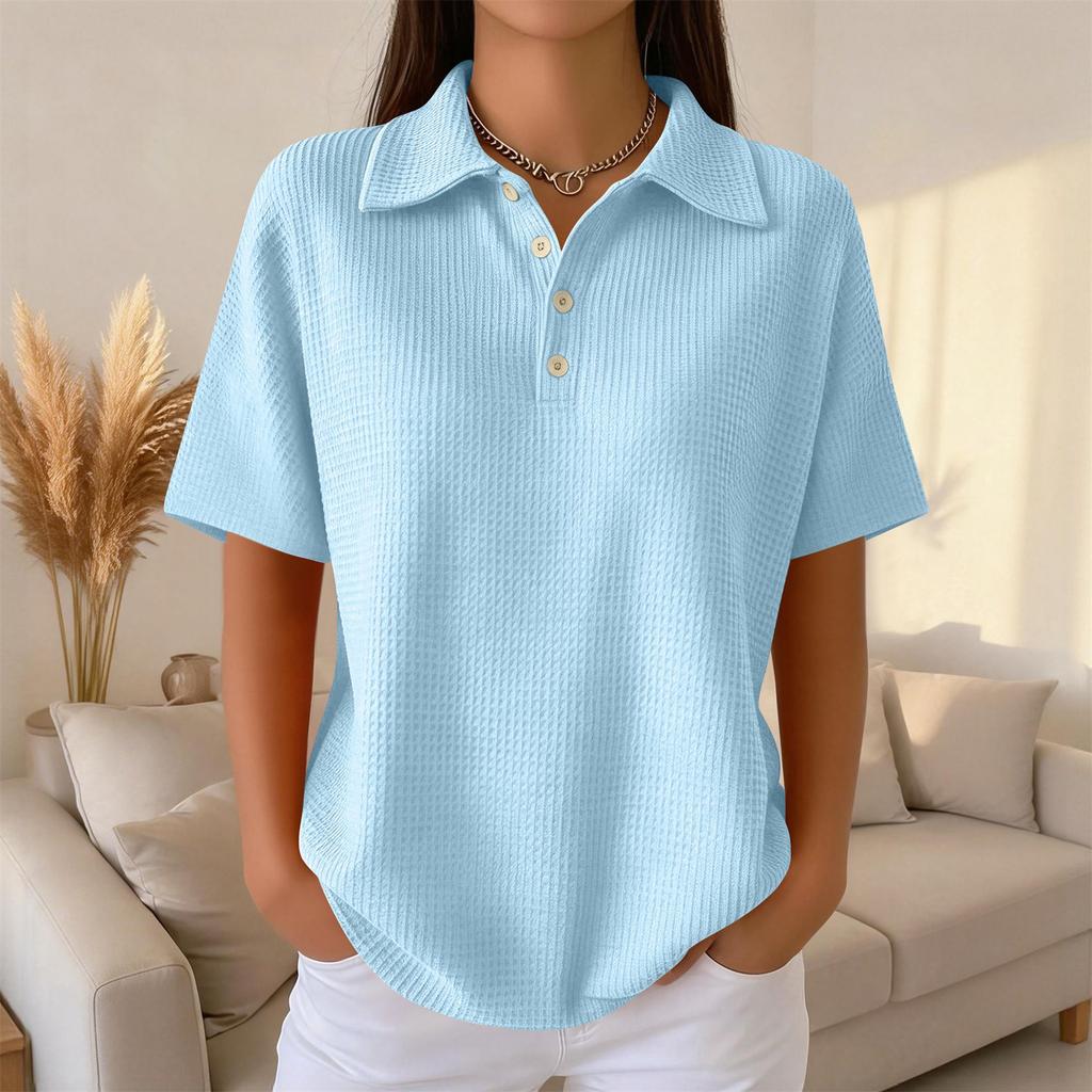 Moda Donna Casual Camicia Colore Manica Corta con Revers Top da Donna
