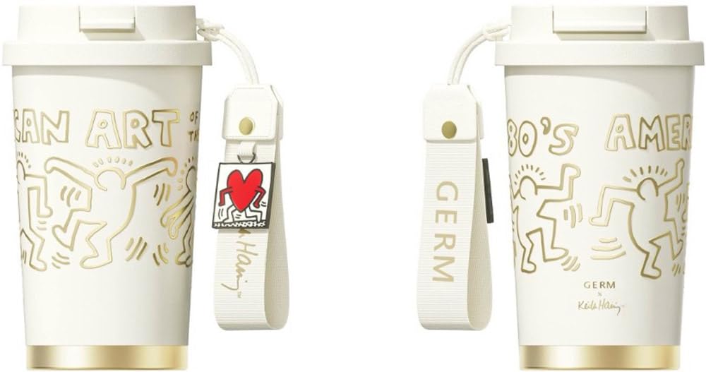 GERM X Keith Haring Coffee Tumbler 390ml Vacuum Insulated Mug Made of 316 Stainless with Lid and Keeps Warm and Dishwasher Great Gift Steel,