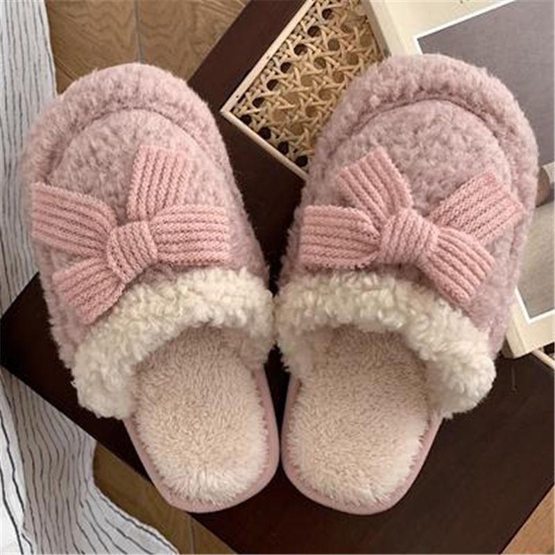 Winter women's velvet cotton slippers wear flat-bottomed couple's non-slip bow decorative wool slippers