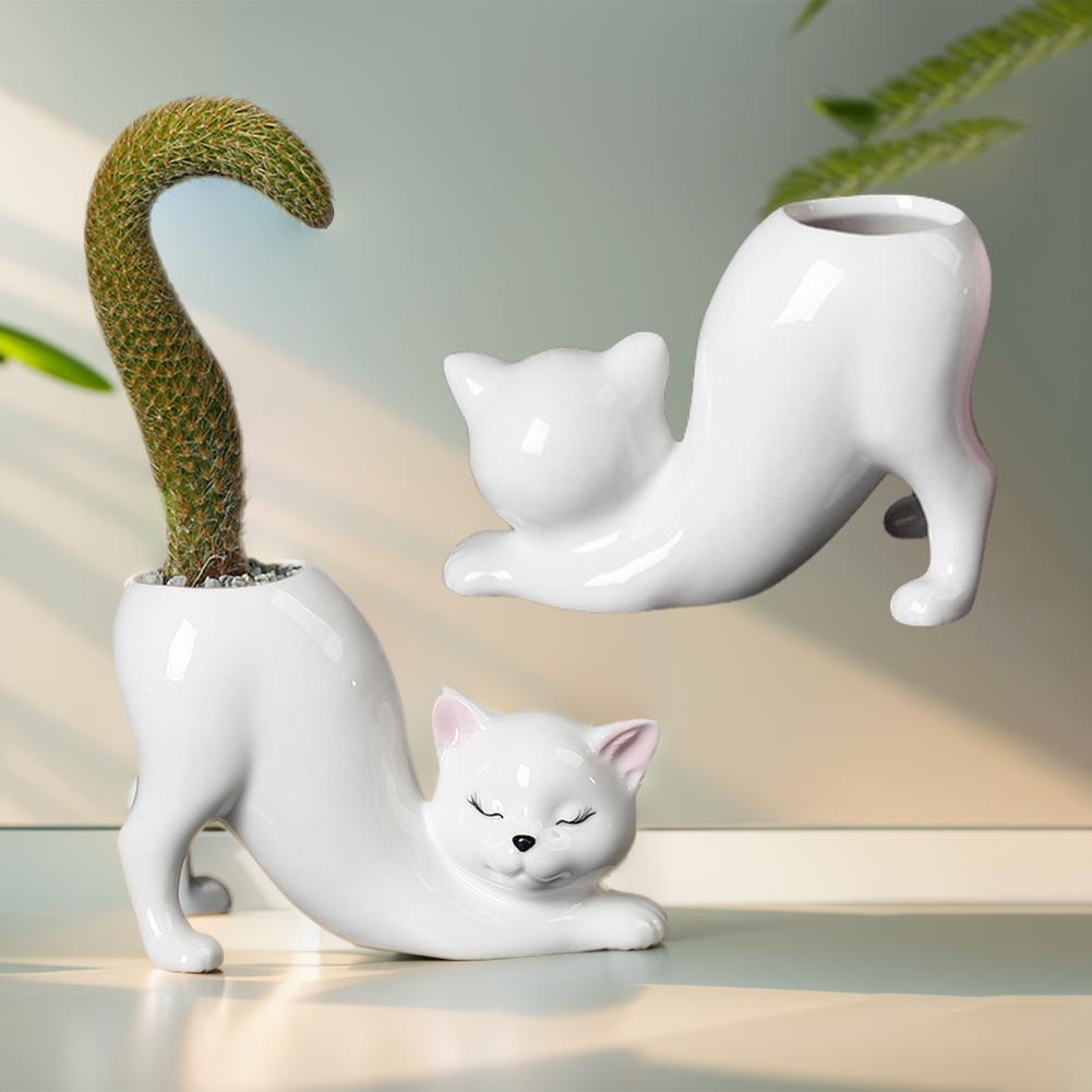 Cat Shape Flower Pot Porcelain Succulent Planter Mini Flower Vase Desktop Ornament Porcelain Vase For Gardening Potted Planters