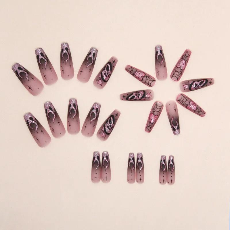 24pcs Glitter Pink Sequins Fake Nails 2025 Halloween Scary Skull Love Print False Nails Wearable European Ballet Press on Nails