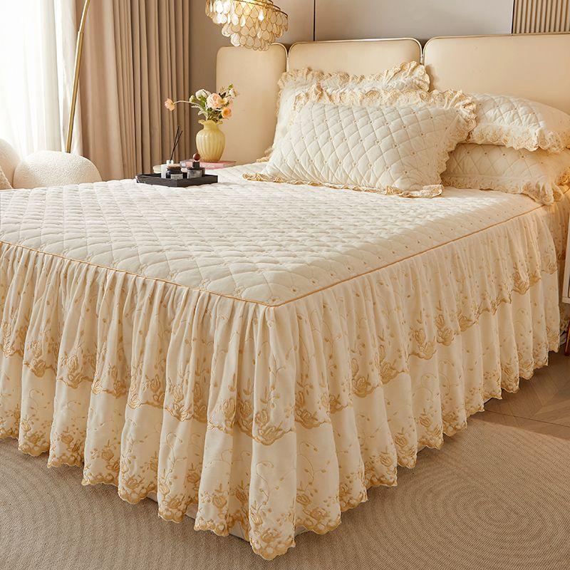 3-teiliges Modernes Luxus Makramee Bettrock Set, Einfarbig Ganzjahres Universal Rutschfestes Bettwäscheset (Bettrock *1+ Kissenbezug*2, Ohne Füllung)