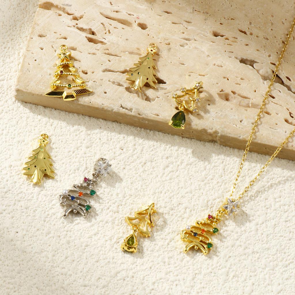 2 PCs Brass & Cubic Zirconia Charms 18K Gold Plated Christmas Tree Micro Pave Pendants For DIY Necklace Bracelet Jewelry Making