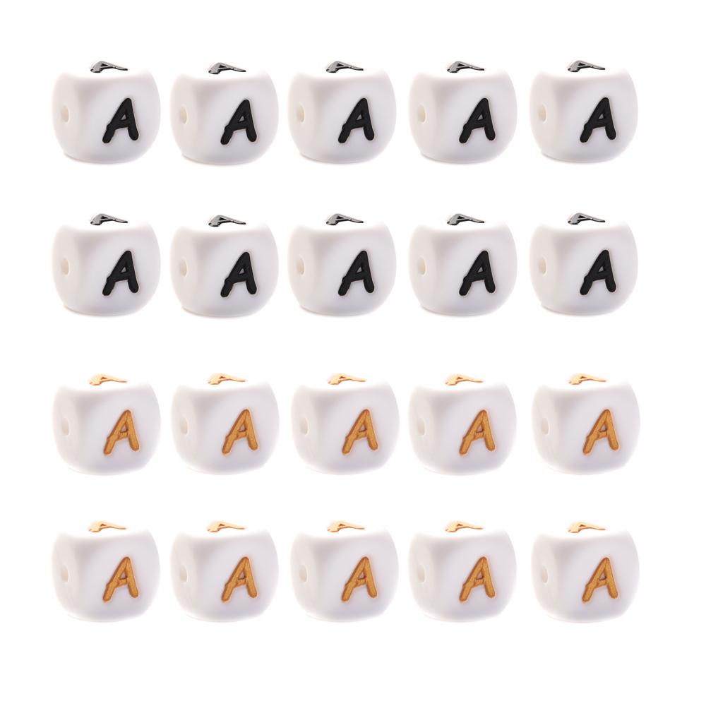 10Pcs 12mm Silicone Beads Letters Golden Black English Alphabet Letter Bead Bpa Free Material for Diy Chew Necklace Teether Toys
