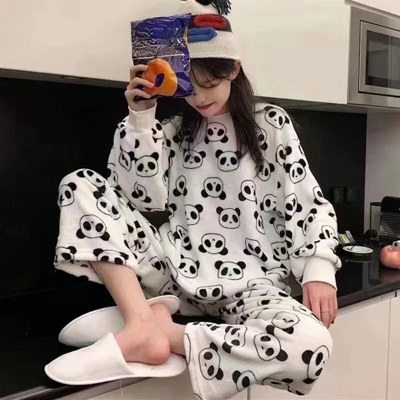 Warm Sleepwear for Winterthickened Plus Size Coral Velvet Pajamas Women Warm Long Sleeve Solid Color Plaid Trousers Home Suit