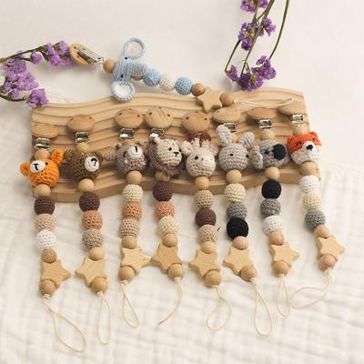 Infants Anti-drop Pacifier Holder Soother Chains Animal Baby Pacifier Clips With Storage Bag Beech Wood Dummy Holder