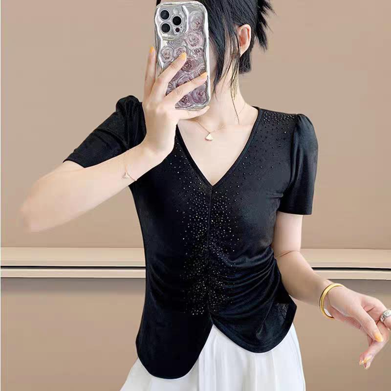 Tricou de vară sexy cu gât în V, streetwear, pentru femei, șic, de lux, cu diamante fierbinți, slim, topuri elegante cu mânecă scurtă
