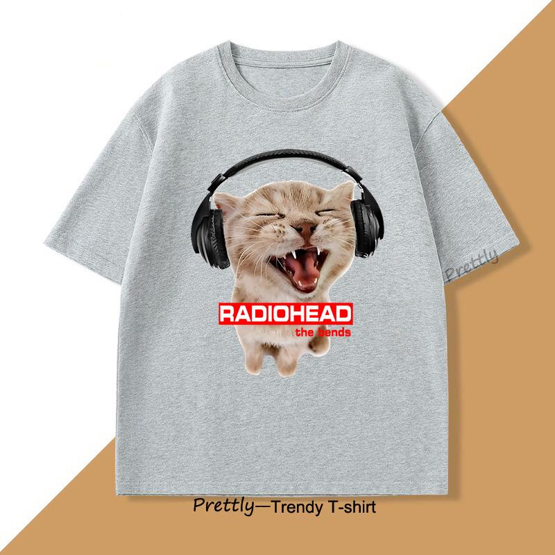 Vintage Cat with Headphones Radiohead T-shirt Cute Cat Rock T Shirt Men Women Cotton Short Sleeve Round Neck Tshirt Streetwear
