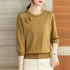 Seven Inch Ice Silk Knitted Shirt with Middle Sleeve Spring and Summer Thin Loose Mom Chinese Style Buckle Lace Top