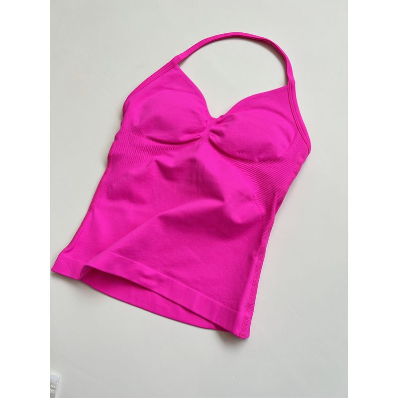 Df Thin-Strap Running Ruched Halter Fitness Bra with Chest Pads, Shaping, Shockproof, Beautiful Back Sports Yoga Tank Top for Women