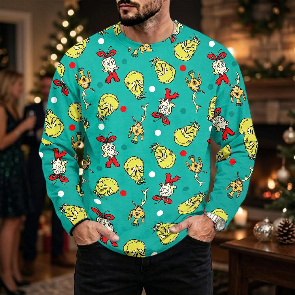 Tricou Casual Bărbați cu Mânecă Lungă, Croială Largă, Gât Rotund, cu Imprimeu de Crăciun pentru Toamnă Iarnă