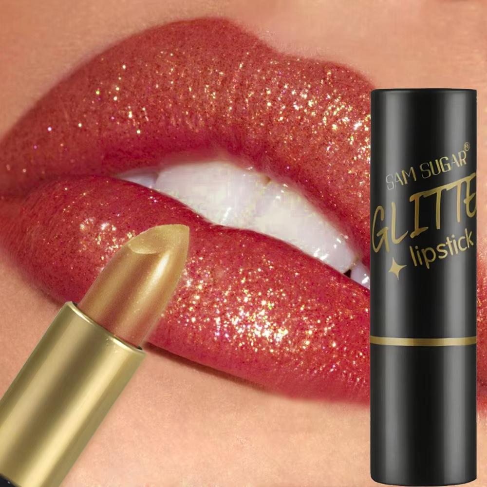 6 Colors Glitter Lipstick Diamond Pearlescent Gold Sexy Red Lipssticks Waterproof Lasting Non-Sticky High-Shine Lip Gloss Makeup