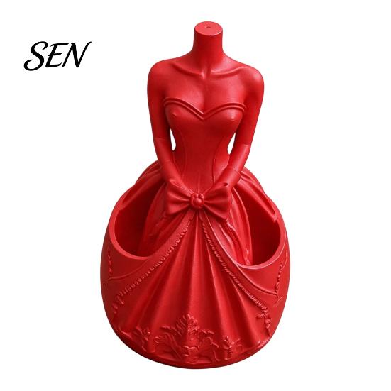 Decorative Dress Shaped Pen Stand 3D Printed Wedding Holder, Stationery Organizer with Dual Storage Artistic Table Decoration Slots for Pens