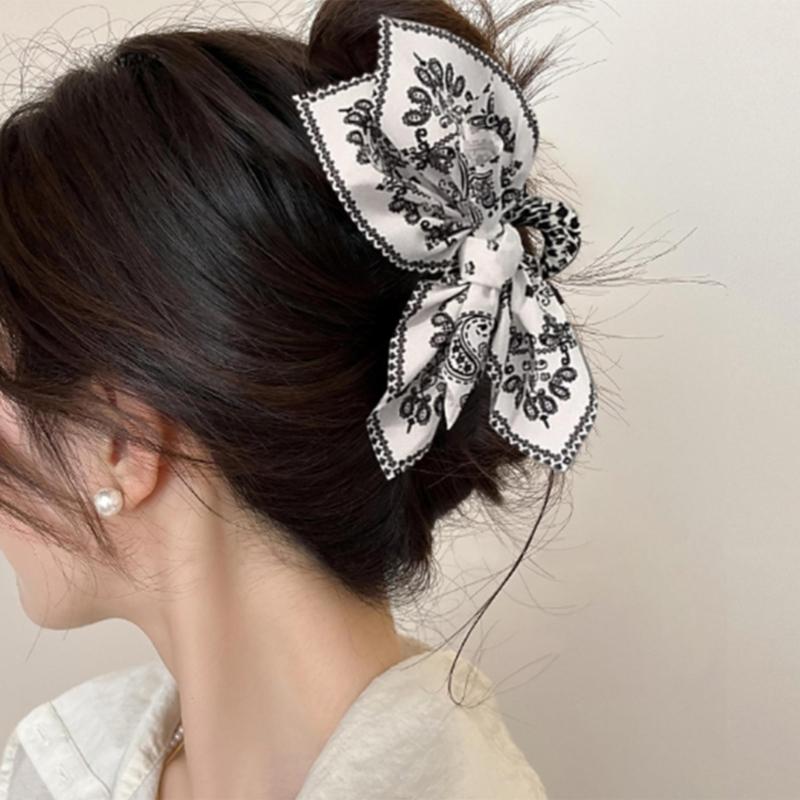 Cashew Flower Print Bowknot Hair Claw for Woman Girl Braids Hair Claw Delicate Female Skincare Taking Photo Jaw Clip