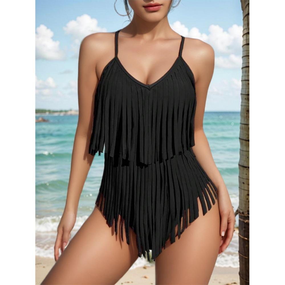 Jednodílné plavky v jednobarevném sexy výstřihu do V Slim Fit se střapcem na zádech design Plavky zahraničního obchodu