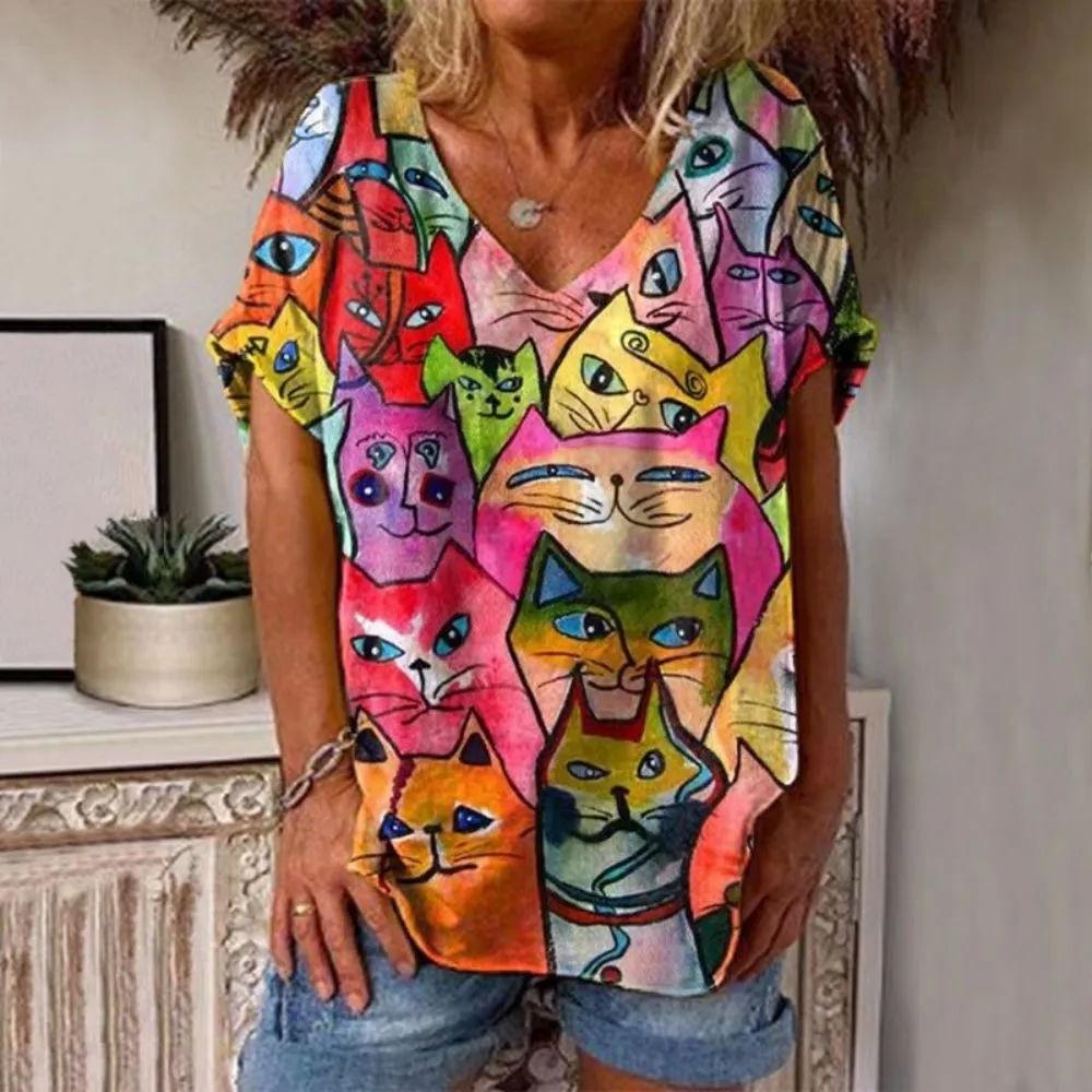 Summer V-neck 3D Cat Printed Top Fashionable Casual Short Sleeved Women's T-shirts