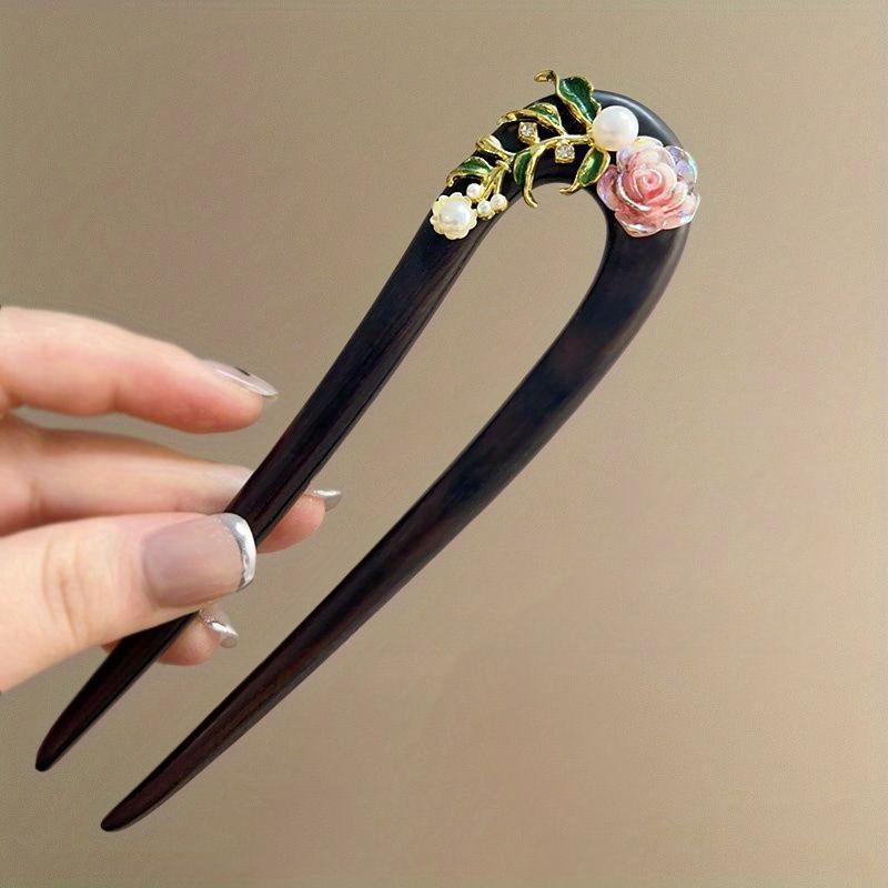Elegant Wooden U-shaped Hairpin with Floral Pattern Traditional Chinese Style for Women, Suitable for Hanfu and Cheongsam