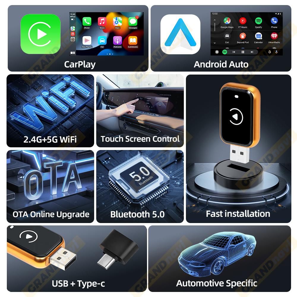Wireless CarPlay Android Auto Apple Carplay Wireless Android Auto Orange Mini Car Play Adapter 2in1 AI Smart Box Bluetooth