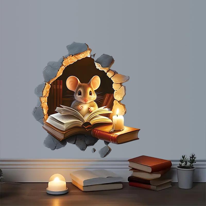 Creative Cartoon Mouse Reading Book in Mouse Hole Wall Sticker Self-Adhesive Removable for Kids Room Study Room Classroom Home Decor Art
