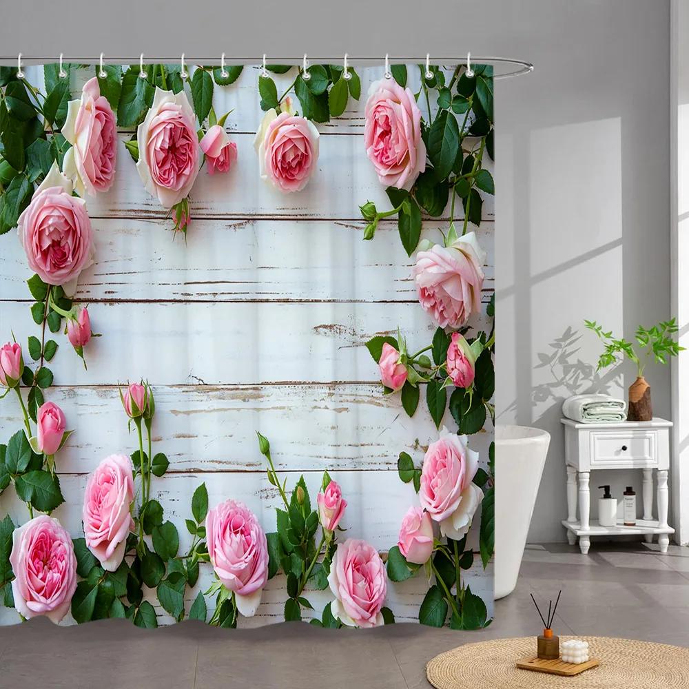Outdoor Garden Poster Shower Curtain Vintage Window Wall Growing Floral Plants Polyester Fabric Shower Curta Bathroom Decor