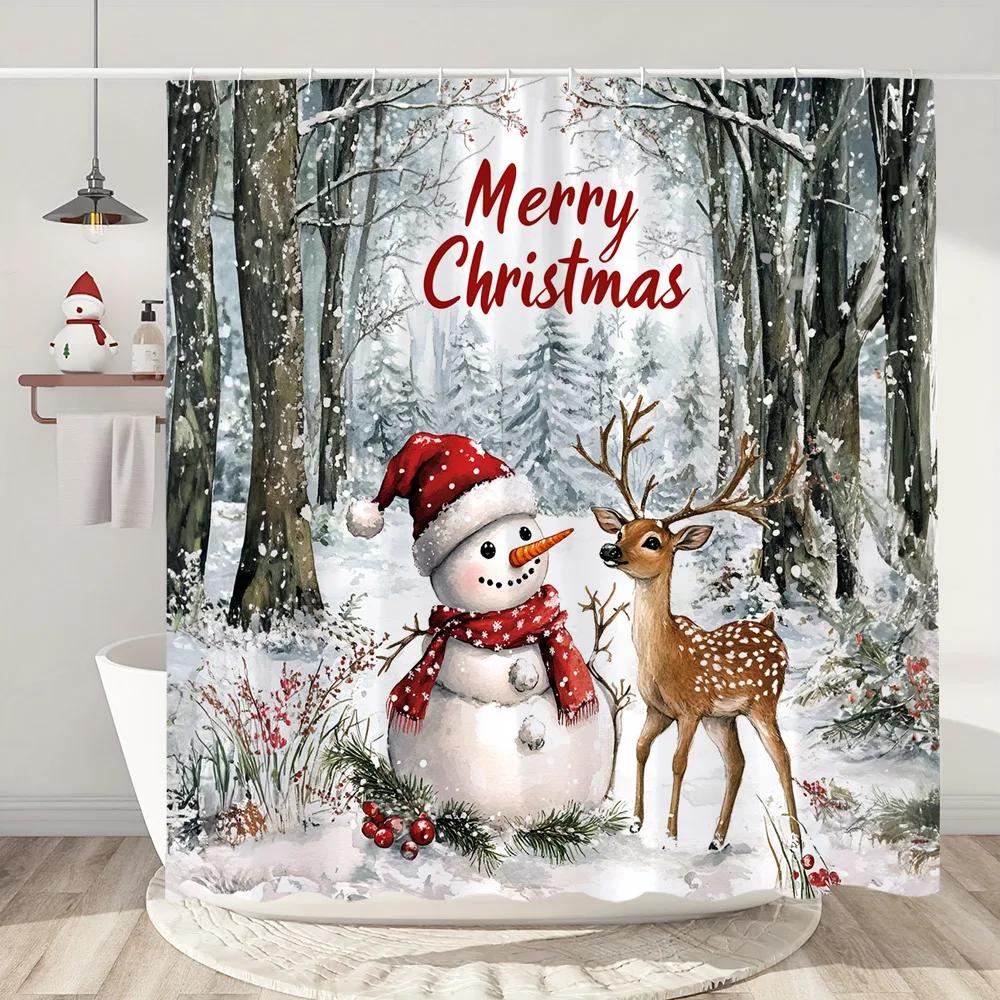 Funny Christmas Shower Curtain Santa Claus Snowman Deer Snow Scene Christmas Gifts Shower Curtain Bathroom Decoration With Hooks
