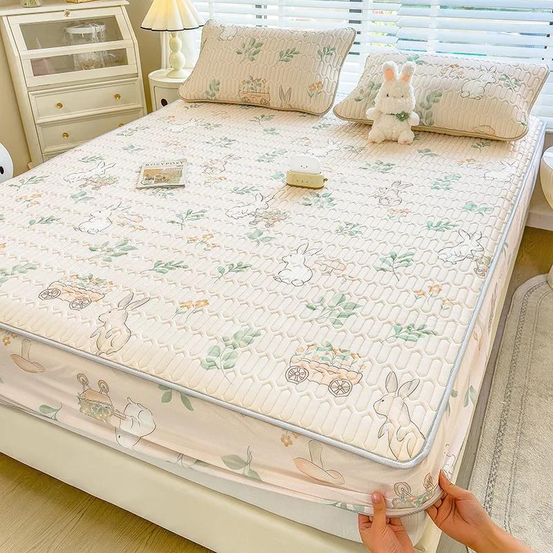 3Pc Summer Natural Latex Cooling Mat Set Cartoon Printed Fitted Sheet With Pillowcase Soft Non Slip Bedding With Elastic Band