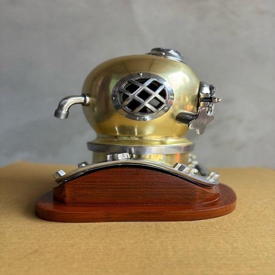 45.72 Cm US Navy Mark V Diving Helmet Wit Wood Base Replica Brass Copper Gift Item Home Decor