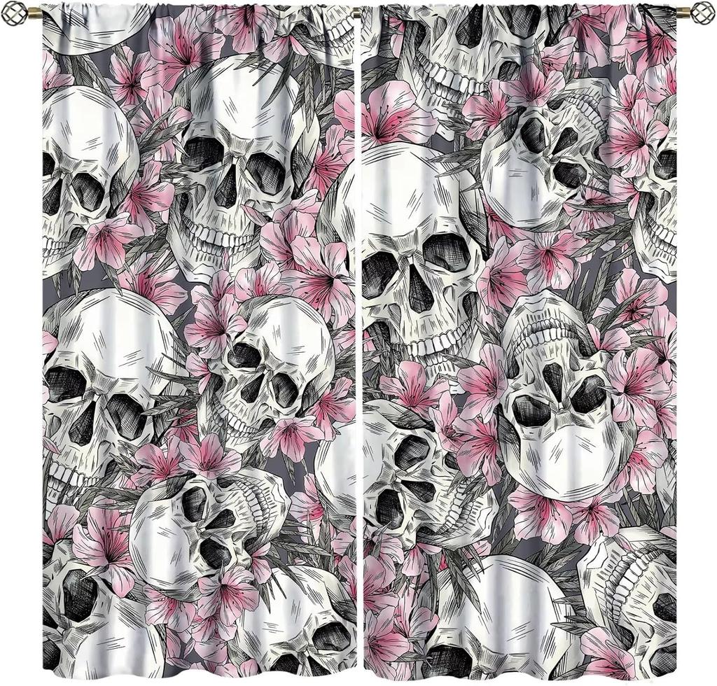 Vintage Skull Curtains Rose Flowers Wildflowers Halloween Theme Scary Curtain Bedroom Living Room Home With Rod Pocket Polyester Ideal For Sitting