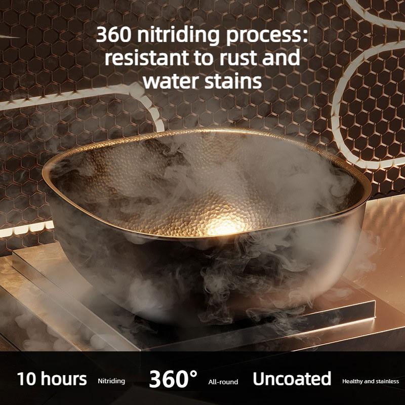 New 24cm Square Refined Iron Wok Pan Non-coating Hammered Frying Pan Skillet Nonstick Flat Bottom Deep Frying Pot for All Stoves