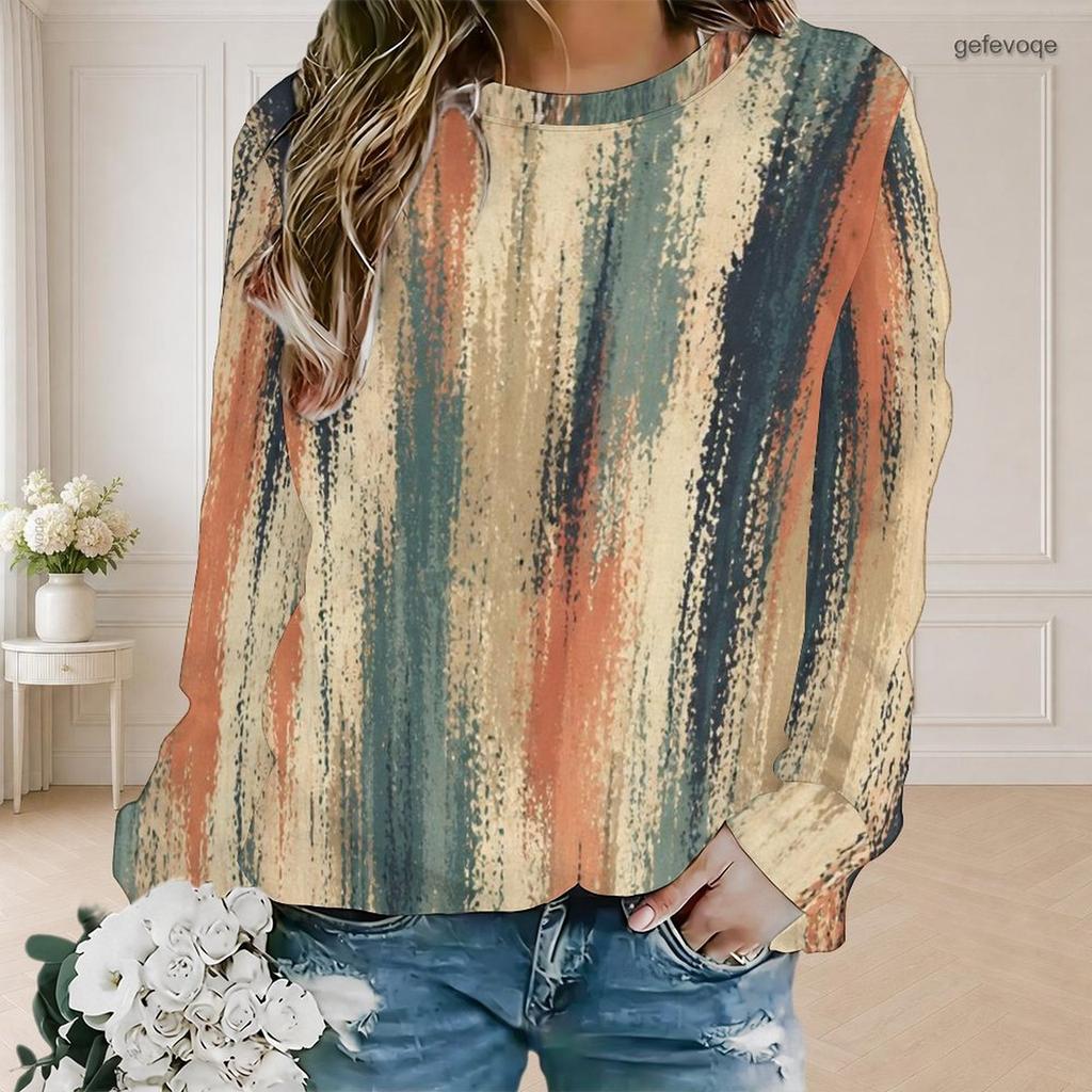 Women Plus Size Round Neck Long Sleeve Ribbed Cuffs Geometric Printed Sweatshirt