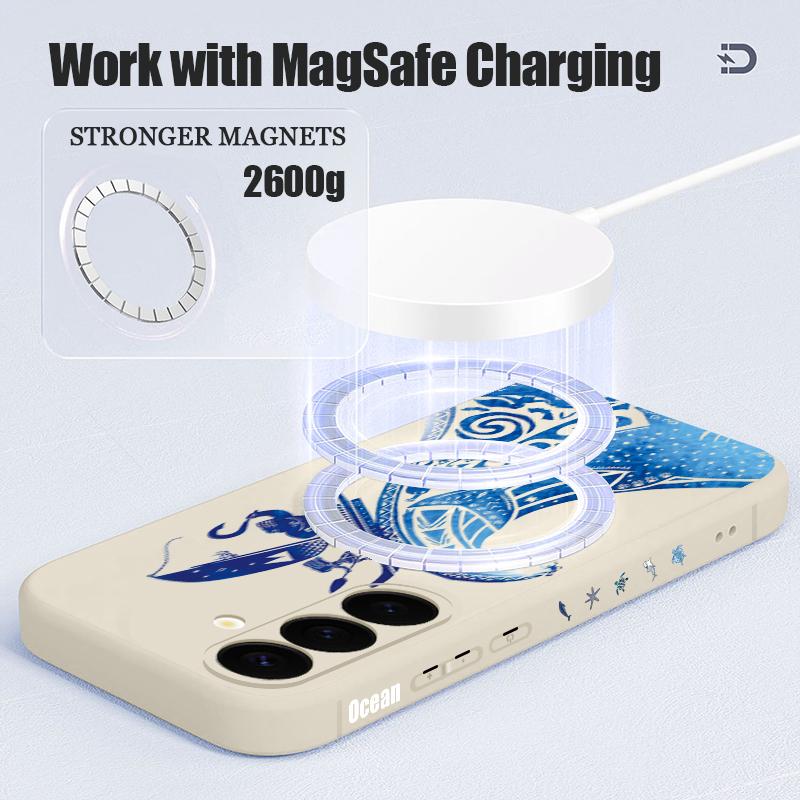 Ocean Wave Whales Pattern Case For Samsung Galaxy S26 Ultra S25 FE S24 S23 S22 Plus S21 FE Built-in Metal Plate Magnetic Silicone Cover