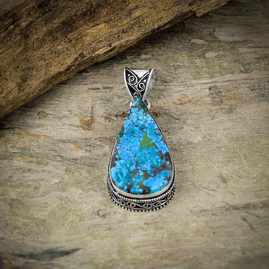 Tibetan Turquoise Gemstone 925 Sterling Silver Jewelry Pendant 2.17" M-37