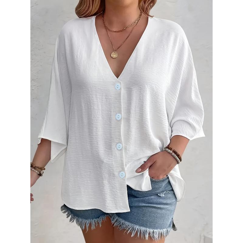 QICED Women's Fashion Casual Solid Color Print Long Sleeve V Neck Blouses & Shirts