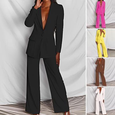 2 Pcs/Set Women Suit Coat Pants Set Deep V Neck Lapel Single