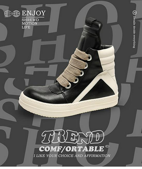 2024 Autumn/Winter Men's Trendy Genuine Leather High-Top Black & White Thick-Soled Boots