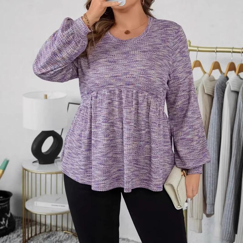 Women Spring Pink Marled Knit Puff Sleeve Peplum High Waist Casual Blouse