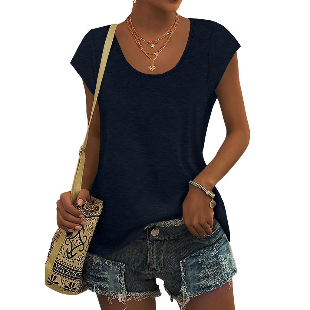 Women's Fashion Casual Slim Fit Waist Cap Sleeve Round Neck T-Shirt Top