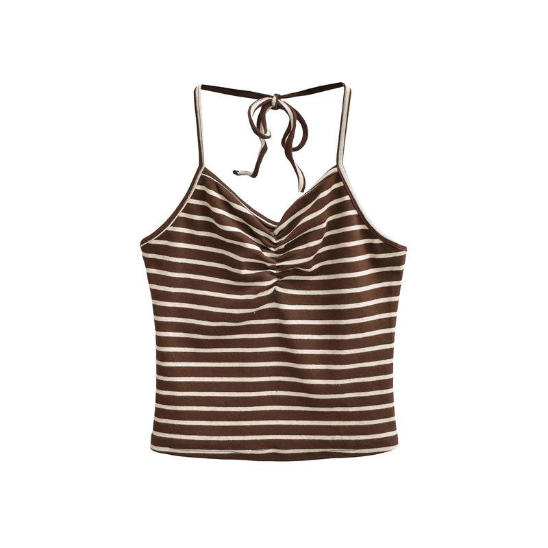European & American Ruffled Halter Striped Tank Top with Low-Waist Hip-Hugging Shorts: Sexy Casual Two-Piece Set for Women Small