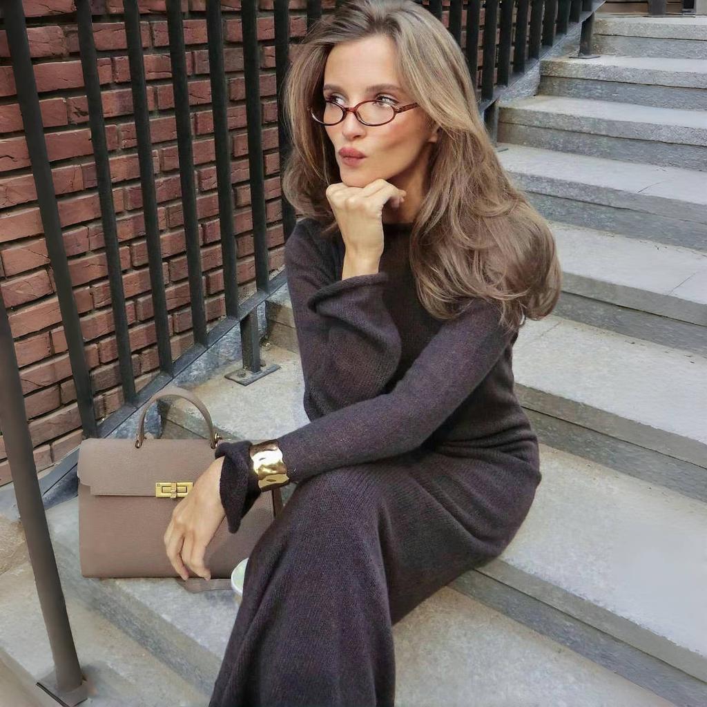 LYRIA Spring Autumn O-Neck Elastic Knit Long Dresses Women Elegant Chic Soft Lady Hollowing Sweater Dresses Femme New