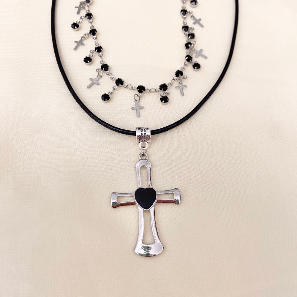 Black Rhinestone Cross Pendant Choker Necklace Gothic Double Layer Necklace Neck Jewelry  Girls