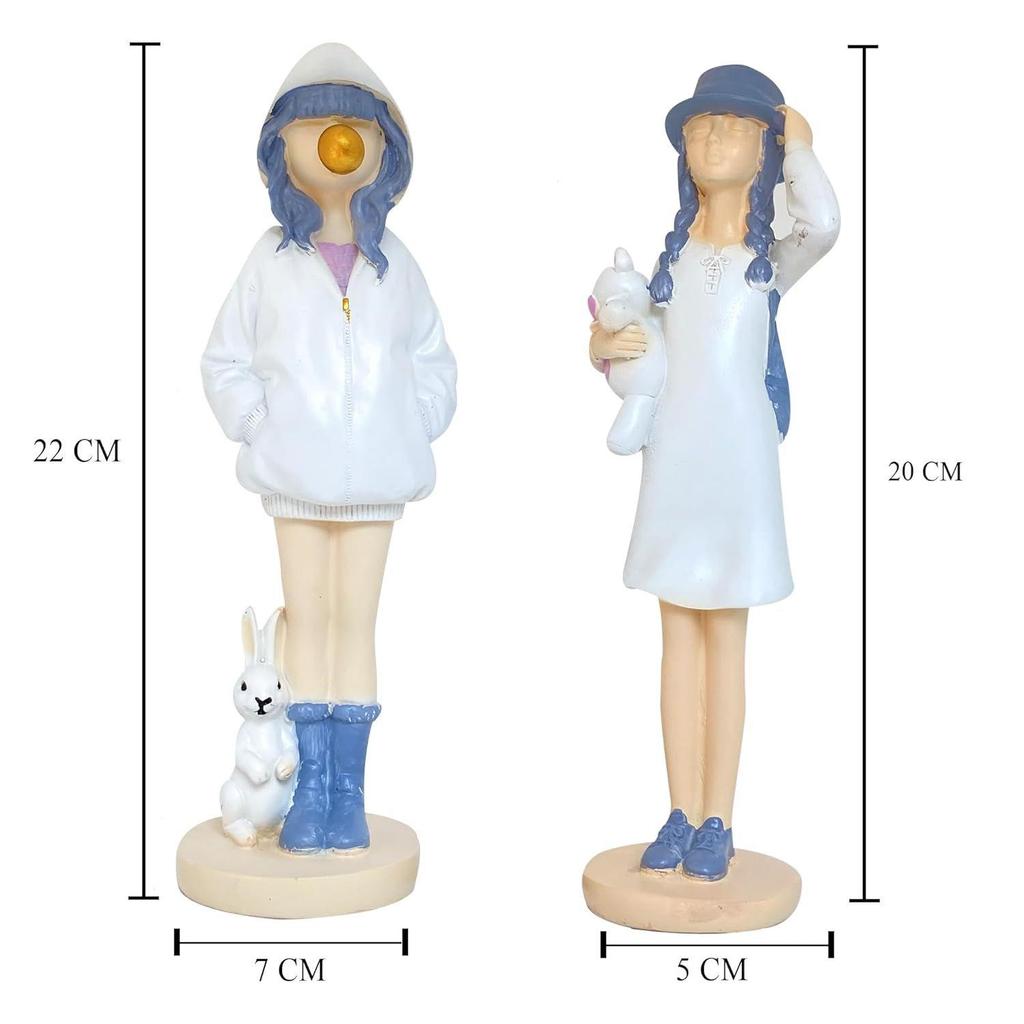 Cute Girls Statue for Home Decor | Table Decor (Pack of 2, White & Blue)