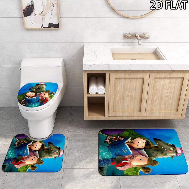 3pcs Revolting Rhymes Pattern Flannel Nonslip Absorbent Washable Decorative Bathroom Home Toilet Seat Cover Mat