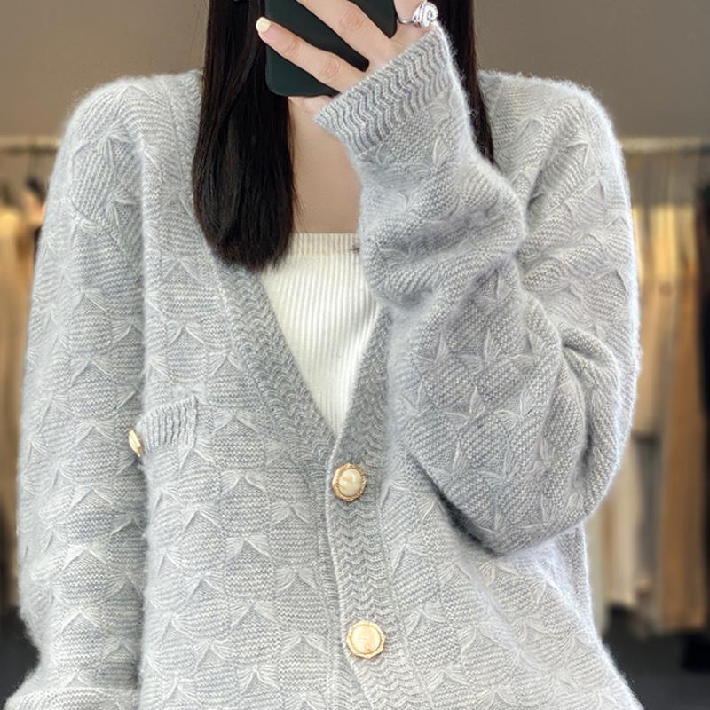 V-neck Diamond Crimped Wool Cardigan for Women In Autumn and Winter Loose and Versatile Solid Color Knitted Wool Jacket Top