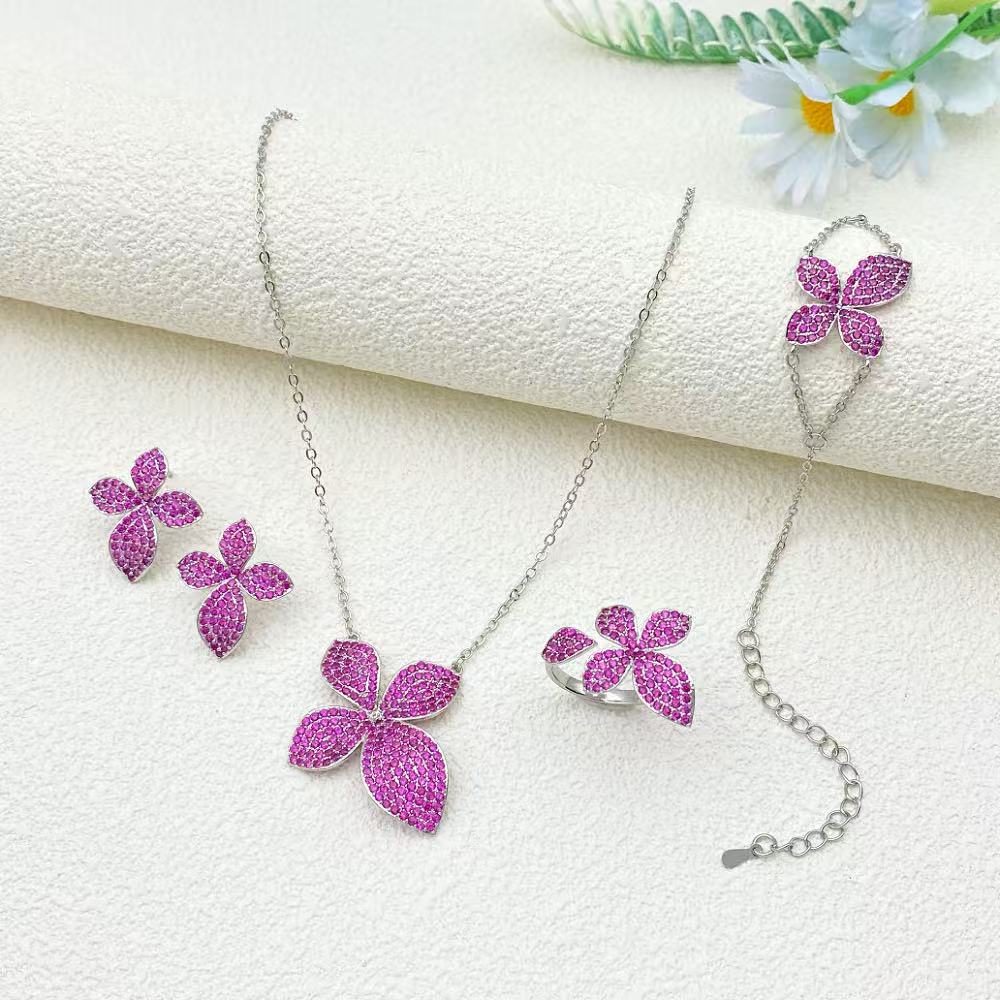 Flora Four Leaf Clover Cubic Zirconia Jewelry Set Plated Copper Bracelet Ring Necklace Earrings Valentine's Day Gift for Her